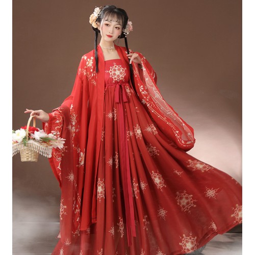Red green fairy Hanfu fairy dress for women girls Tang Han Ming dynasty empress queen princess cosplay dress photos shooting chinese ancient folk costumes 